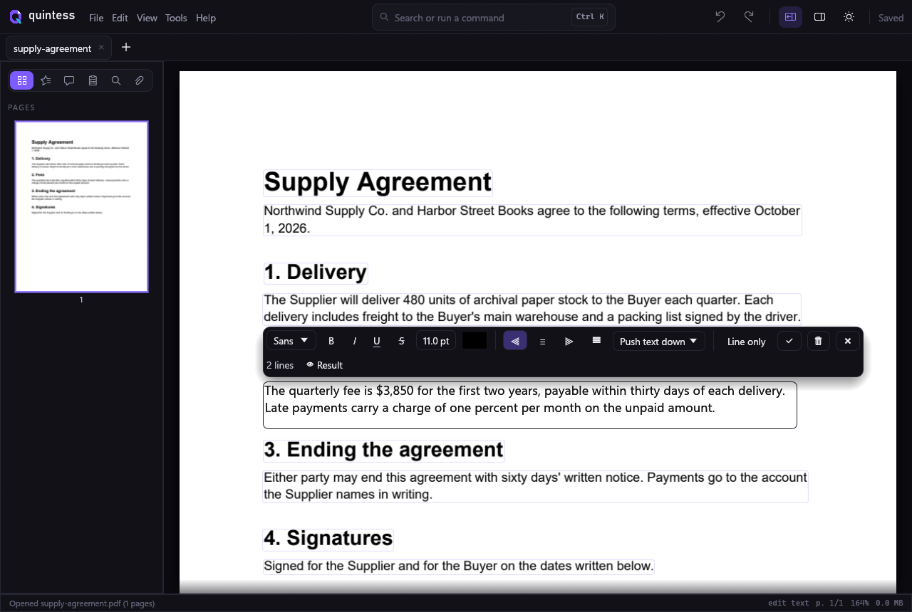 Quintess on Windows with a supply agreement open. A paragraph is being edited: the fee now reads $3,850 for the first two years, and the editing toolbar shows the font, style, alignment and a preview that two lines will change.